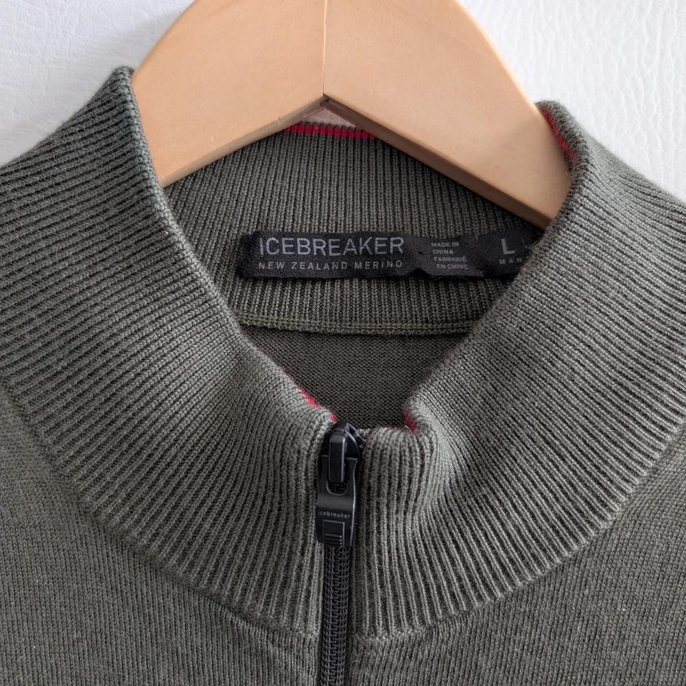 Icebreaker Wool Green Red Detail Full Zip Knit Cardigan Sweater - L